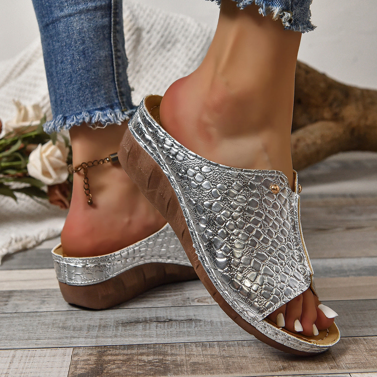 Buy Fashion Crocodile-pattern Wedges Sandals Summer Outdoor Thick-soled Slippers Fish Mouth Shoes For Women online at DLC Market