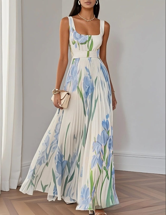 Floral Print Pleated Dress Summer A-Line Sleeveless Midi Dresses Women's Clothing by null