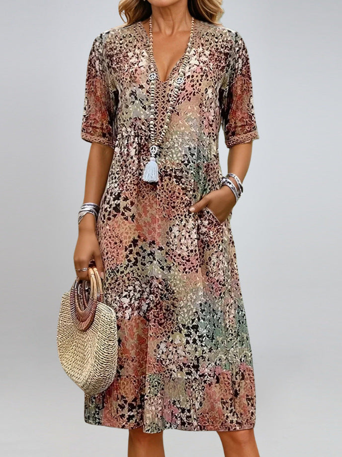 Summer V-neck Half-sleeved Dress With Pockets Fashion Ethnic Print Dresses Beach Holiday Clothing For Women by null