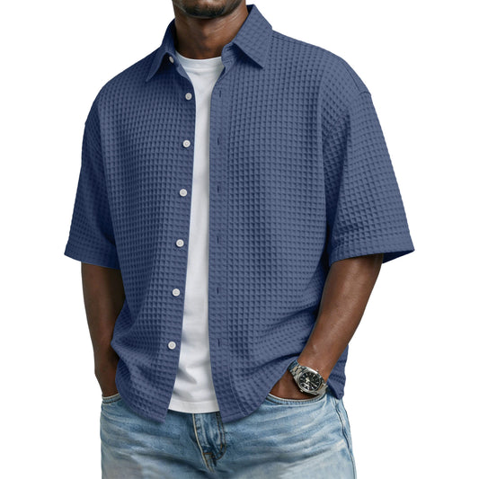 Men's Solid-Colored Waffle-Weave T-Shirt With Lapel Collar by null