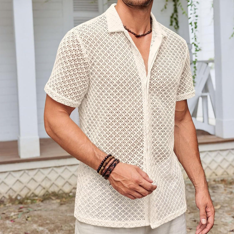 Summer Mesh Short Sleeve Shirt Fashion Solid Color Lapel Shirt Tops Beach Men Clothing by null