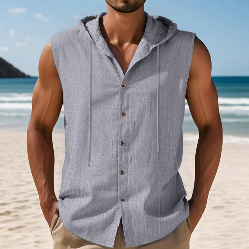 Mens Sleeveless Linen Hooded Shirt by null