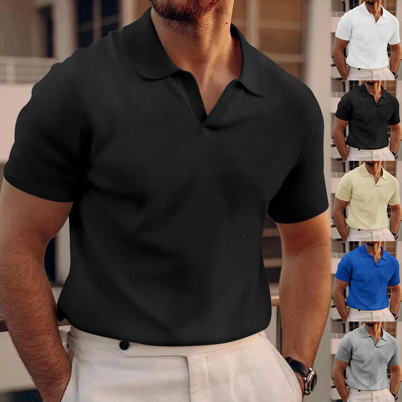INS Waffle Lapel Short-sleeved T-shirt Summer Fashion Solid Color V-neck Polo Shirt Tops Men's Clothing by null