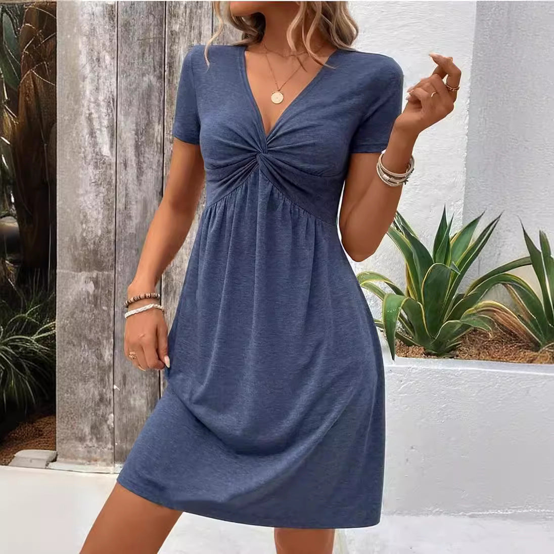 Buy Color Cotton Short Sleeve V-neck Design Chest Twist Waist Dress online at DLC Market