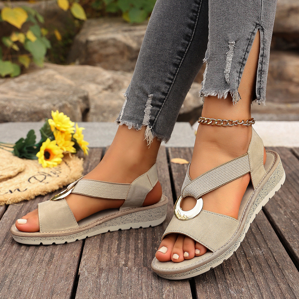 Buy Plus-size Fish-mouth Wedge Sandals With A Jute Sole And Elastic Strap online at DLC Market