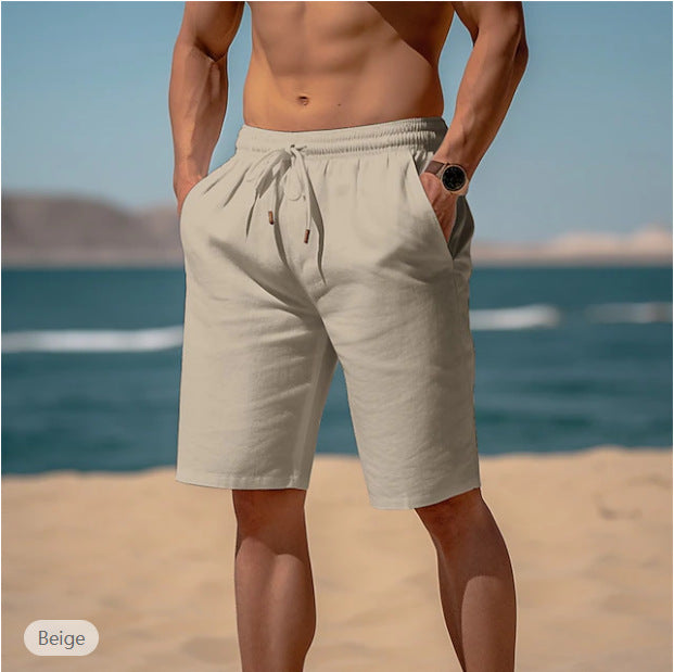 Summer Drawstring Shorts Elastic Waist Straight Pants Beach Breathable Shorts For Men Clothing by null