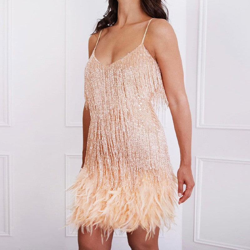 Sexy Tassel Sequins Feather Summer Mini Dress Women V Neck Spaghetti Strap Stitching Dresses Female Elegant Evening Party Club Dress by null