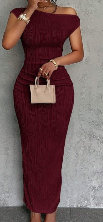 Buy Summer New Elegant Party Daily Date Oblique Shoulder One-Shoulder Off-Shoulder Front Pleated Slim Long Skirt Wavy Texture White Women's Dress online at DLC Market