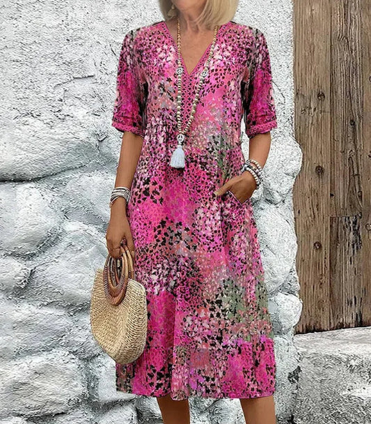 Summer V-neck Half-sleeved Dress With Pockets Fashion Ethnic Print Dresses Beach Holiday Clothing For Women by null