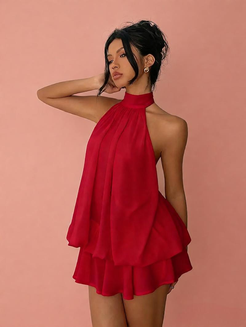Chiffon Halter Tea Length Dress Sassy Skirt by null