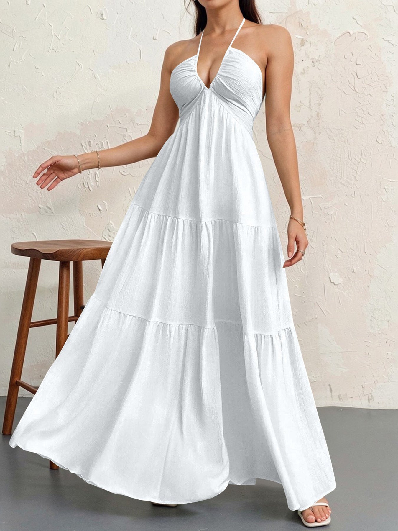 Backless Halterneck V-Neck Pleated A- Line Dress Women's Clothing One-Piece Dress Ankle-length Skirt For Beach Vacation Outfits by null