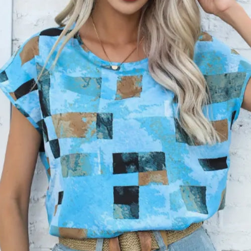 Buy Women's Chic Geometric Aztec Print T-Shirt - Casual Crew Neck, Durable Non-Stretch Fabric, Ideal For Summer Wear online at DLC Market