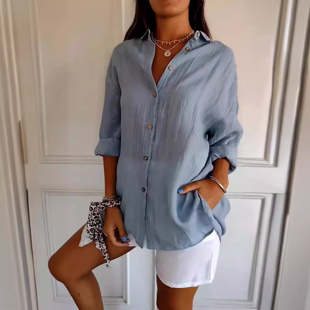 Lapel Long Sleeve Shirt Women's Single-breasted Pleated Shirt Tops Clothing by null