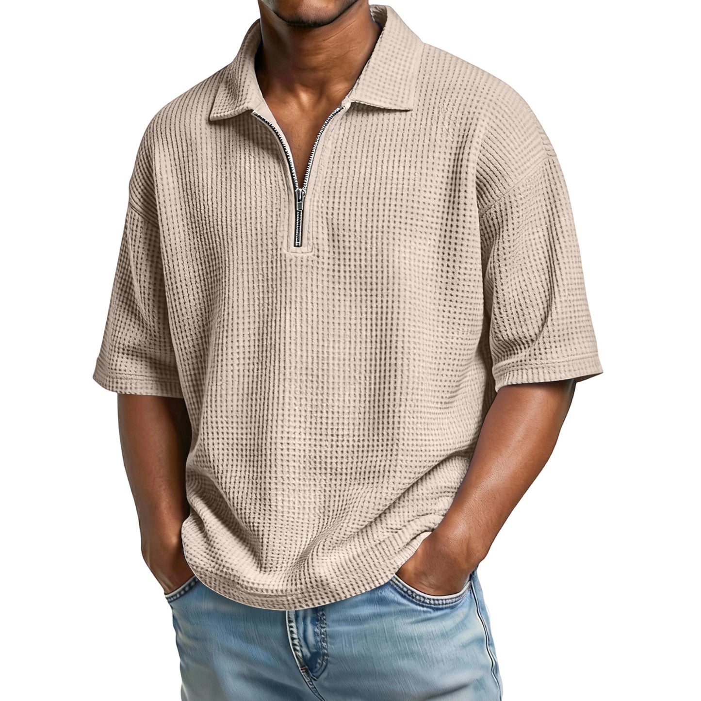Men's Waffle-Weave Short-Sleeved Shirts Summer Solid Color Lapel Polo Shirt T-Shirt Beach Style Tops by null