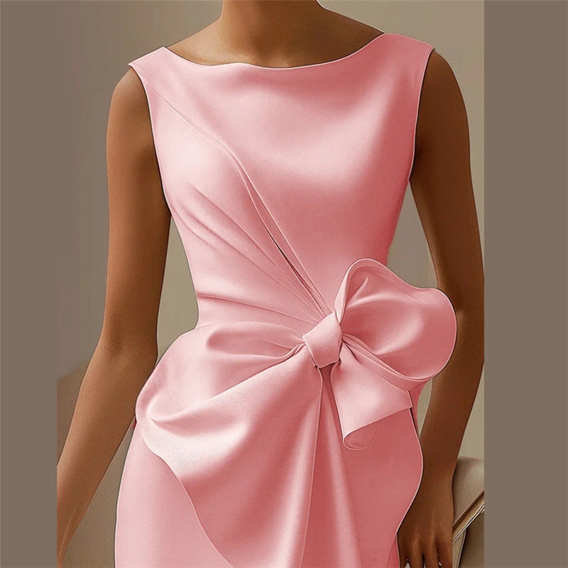 Fashion Bowknot Dress Solid Color Elegant Slim Sleeveless Dresses Women's Casual Office Party Clothing by null