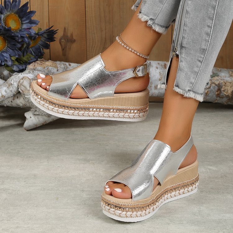 Buy Summer Shiny Sandals Hollow Design Fish Mouth Sandal For Women Fashion Buckle Wedges Shoes online at DLC Market