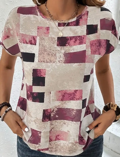 Buy Women's Chic Geometric Aztec Print T-Shirt - Casual Crew Neck, Durable Non-Stretch Fabric, Ideal For Summer Wear online at DLC Market