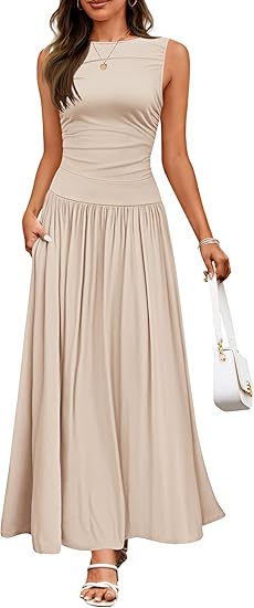 Buy Women's Summer Sleeveless Maxi Dress Casual Round Neck Pleated Elegant Maxi Dress With Pockets online at DLC Market