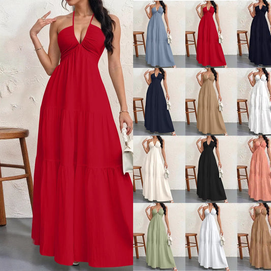 Backless Halterneck V-Neck Pleated A- Line Dress Women's Clothing One-Piece Dress Ankle-length Skirt For Beach Vacation Outfits by null