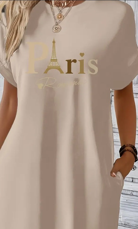 Buy Midi Paris Print Crew Neck Tunic Dress - Geometric Pattern, Mid Elasticity, Semi-Sheer, Dual Pockets, Loose Fit, Machine Washable, Perfect For Spring, Summer, And Fall - Womens Casual Short Sleeve Pol online at DLC Market