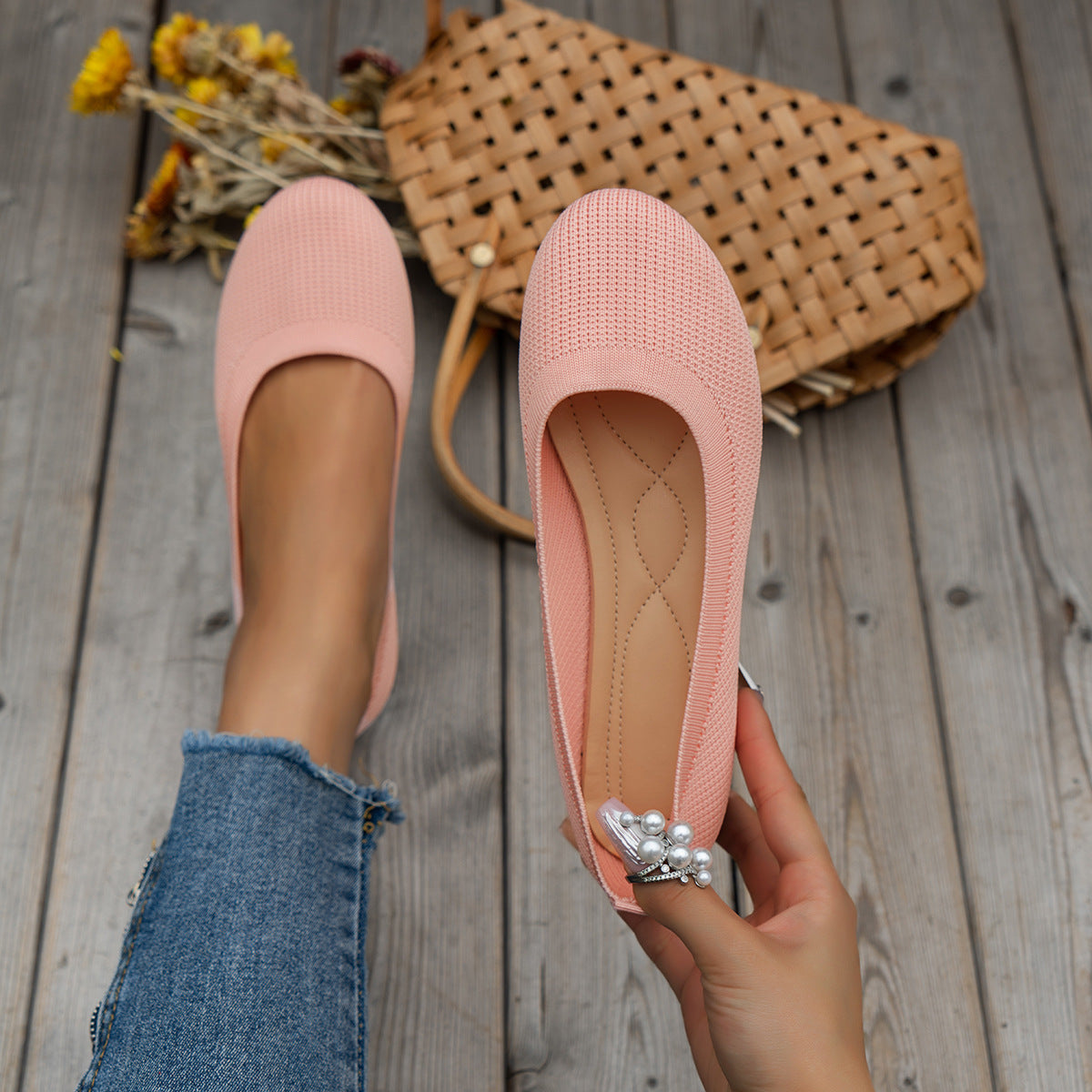Buy Round Toe Flats Shoes Casual Comfortable Soft Slip On Knit Mesh Shoes For Women online at DLC Market