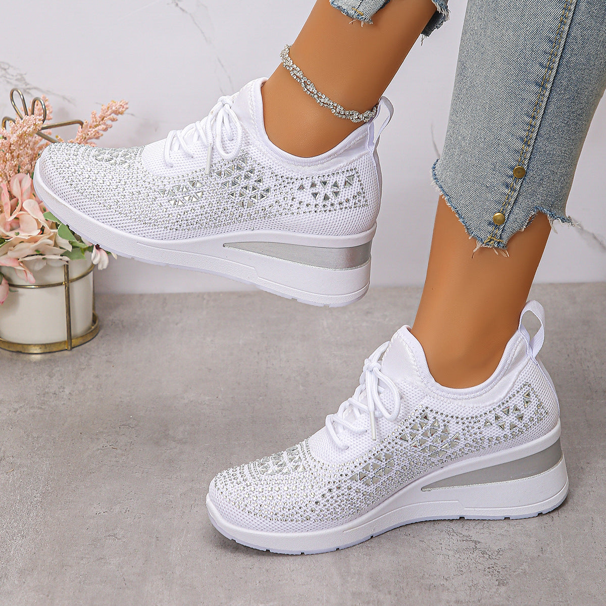 Buy Ins Rhinestone Sneakers Fashion Lace Up Wedges Casual Shoes Women's Daily Commuting Sports Shoes online at DLC Market