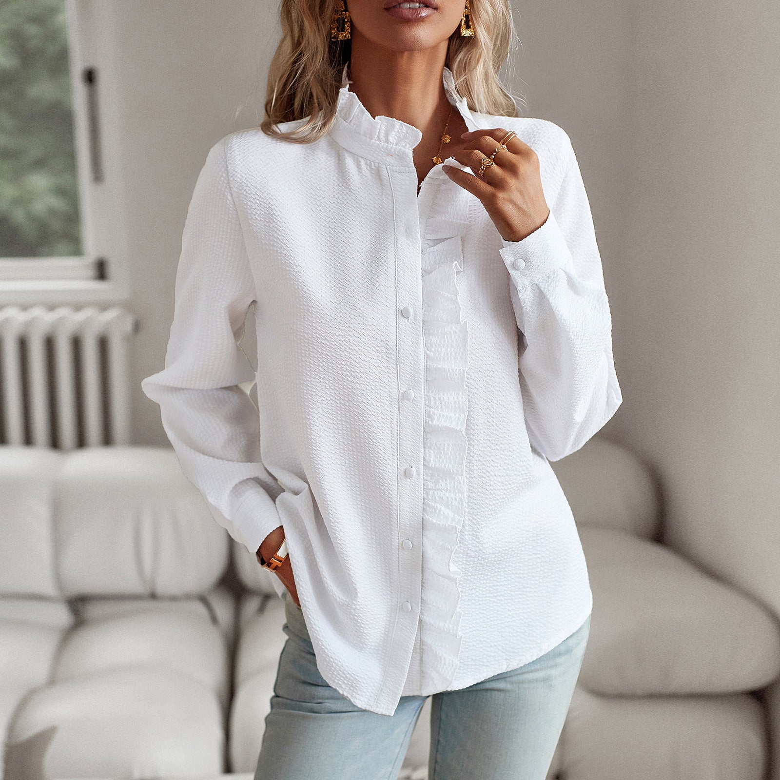 Striped Long Sleeve Shirt Fashion Ruffle Design Button Up Tops Casual Office Blouse Elegant Commuting Women's Clothing by null