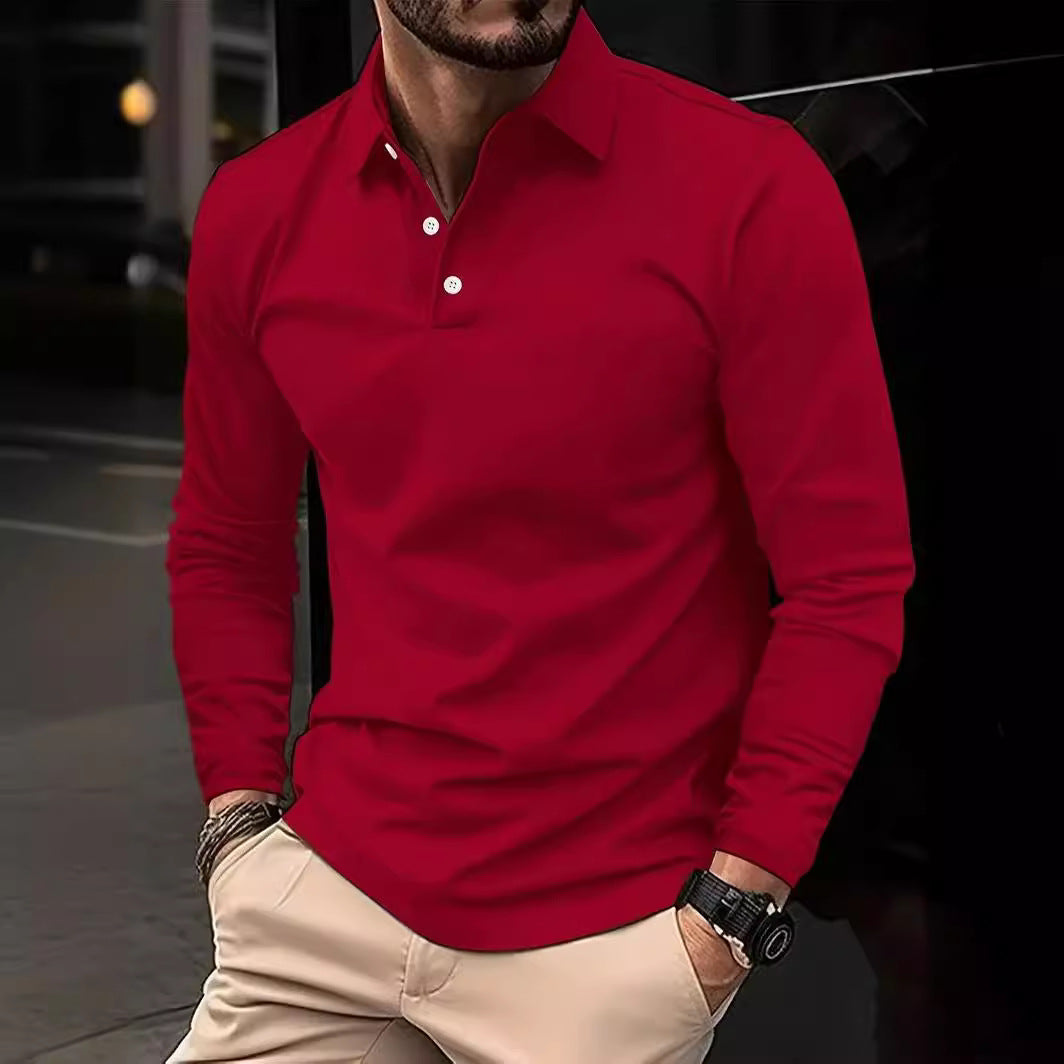 Buckle European And American Men's Daily Casual Polo Collar Long Sleeve Polo Wear by null