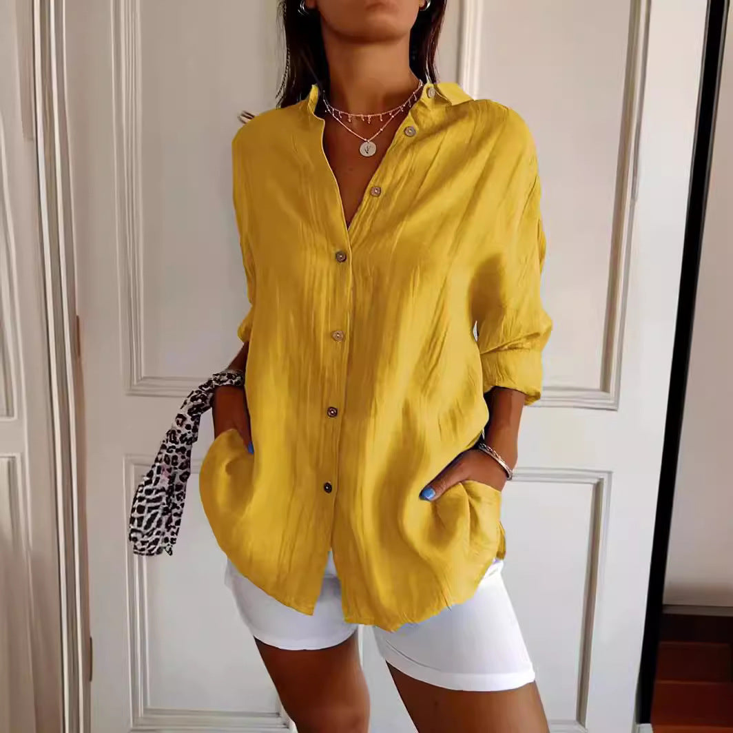 Lapel Long Sleeve Shirt Women's Single-breasted Pleated Shirt Tops Clothing by null