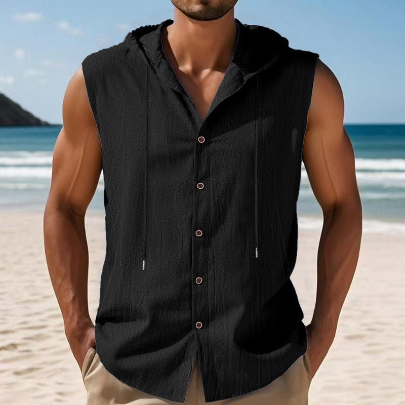 Mens Sleeveless Linen Hooded Shirt by null
