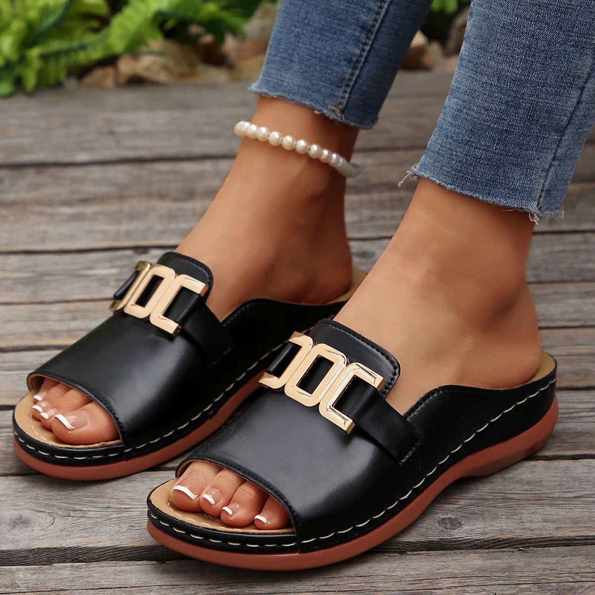 Buy Ins Chain Wedges Sandals Summer Fashion Platform Peep-toed Slides Slippers Outdoor Thick Bottom Roman Shoes For Women online at DLC Market