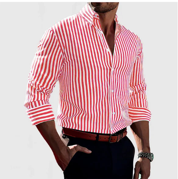 Ins Stripe Printed Long Sleeve Shirt Men Fashion Casual Lapel Button Top Clothing by null