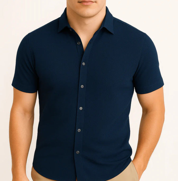 Slim Fit Short Sleeve Shirt Summer Men's Solid Color Casual Tops by null