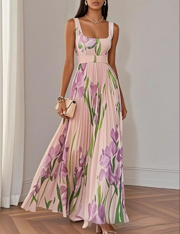 Floral Print Pleated Dress Summer A-Line Sleeveless Midi Dresses Women's Clothing by null