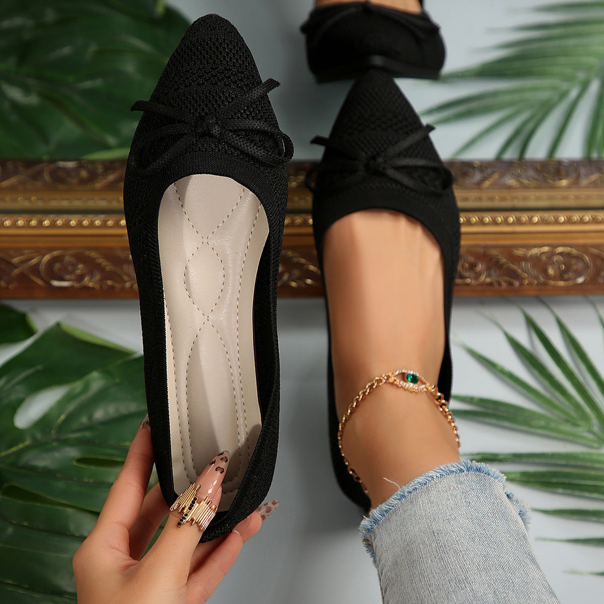 Buy Bow Knitted Loafers Ins Fashion Pointed-toed Flats Shoes For Women online at DLC Market