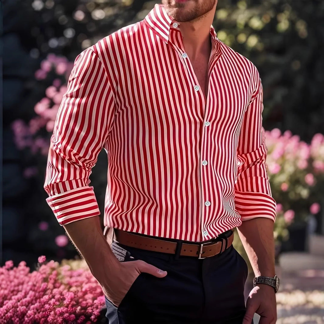 Ins Stripe Printed Long Sleeve Shirt Men Fashion Casual Lapel Button Top Clothing by null