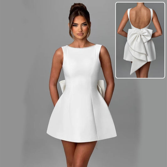 Fashion Big-Bowed Pearls Backless Dress Summer Slim Sleeveless A-line Dresses For Party Evening Women's Clothing by null