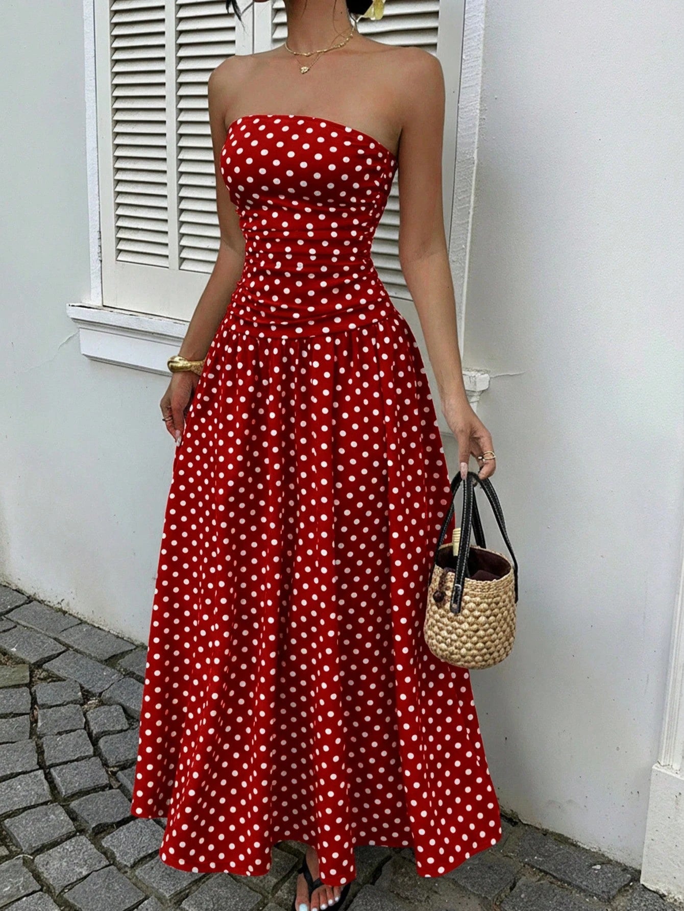Elegant Polka-dot Off-shoulder Dresses Solid Color Strapless Lady High-waist Robe Commuting Party Business Beach Holiday Outfit by null
