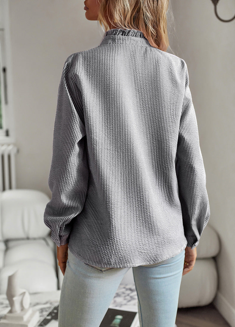 Striped Long Sleeve Shirt Fashion Ruffle Design Button Up Tops Casual Office Blouse Elegant Commuting Women's Clothing by null
