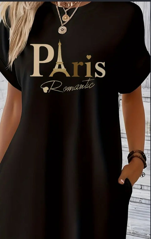 Buy Midi Paris Print Crew Neck Tunic Dress - Geometric Pattern, Mid Elasticity, Semi-Sheer, Dual Pockets, Loose Fit, Machine Washable, Perfect For Spring, Summer, And Fall - Womens Casual Short Sleeve Pol online at DLC Market