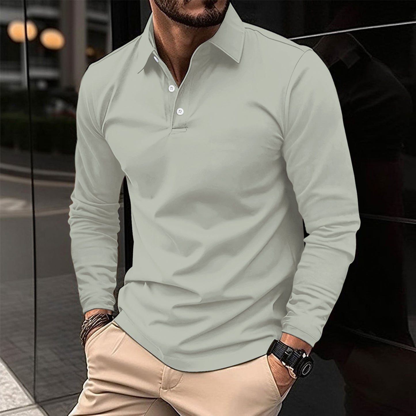 Buckle European And American Men's Daily Casual Polo Collar Long Sleeve Polo Wear by null