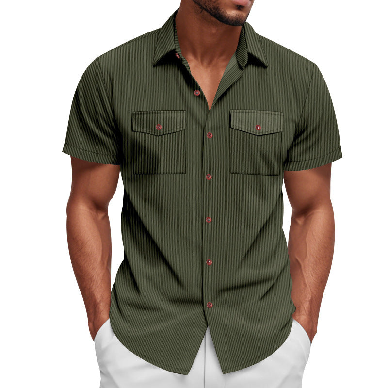 Loose Heavy Lapel Corduroy Workwear Short Sleeve Shirt by null