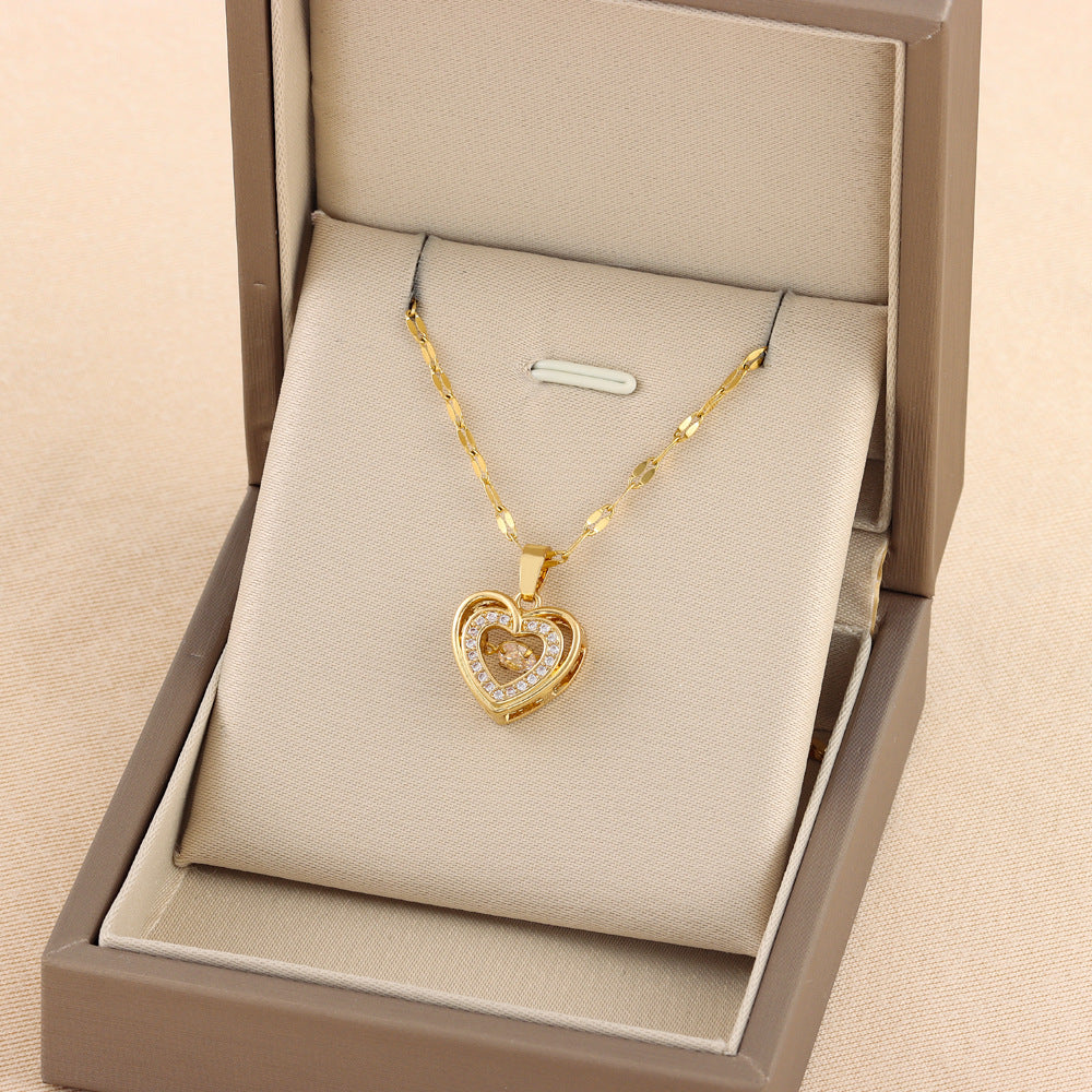 Buy Double-layer Love Necklace With Rhinestones Titanium Steel Pendant Fashion Jewelry Woman Valentines Day Gift online at DLC Market