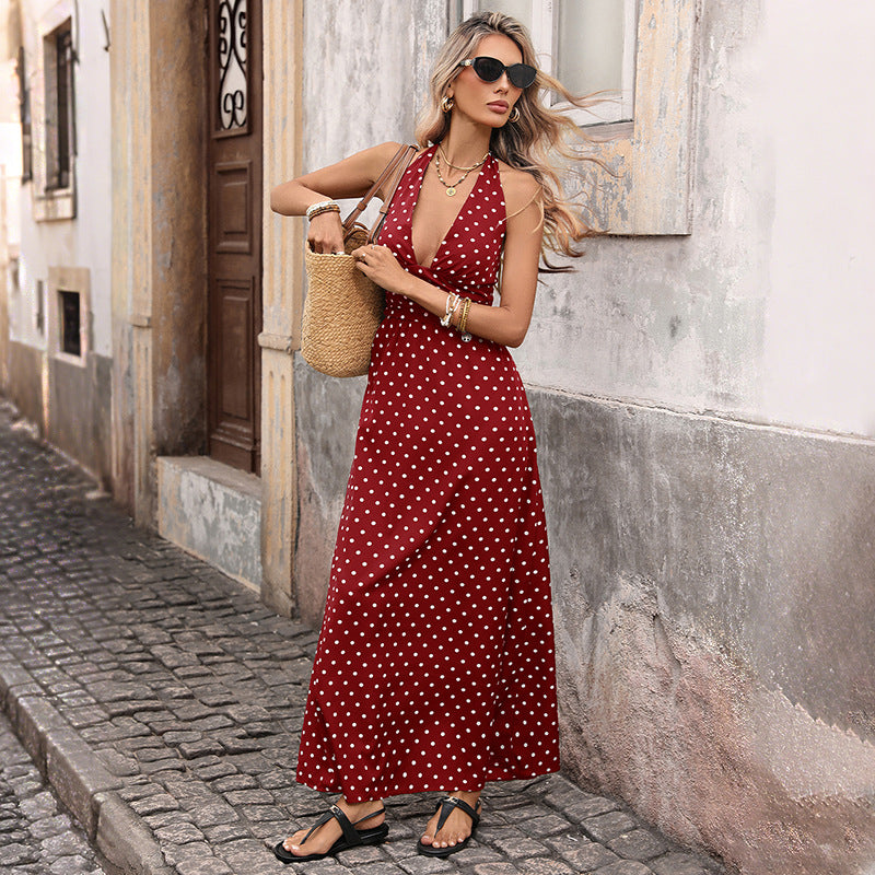 Casual Dot Pattern Slim V Neck Long Dress For Women 2026 Fashion Summer A Line Midi Dress Elegant Vintage by null