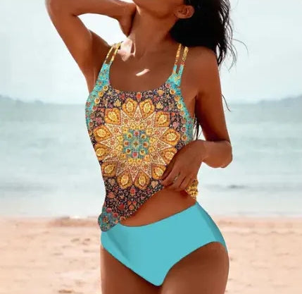 Vintage Printed Split High Waist Conservative Swimwear by null