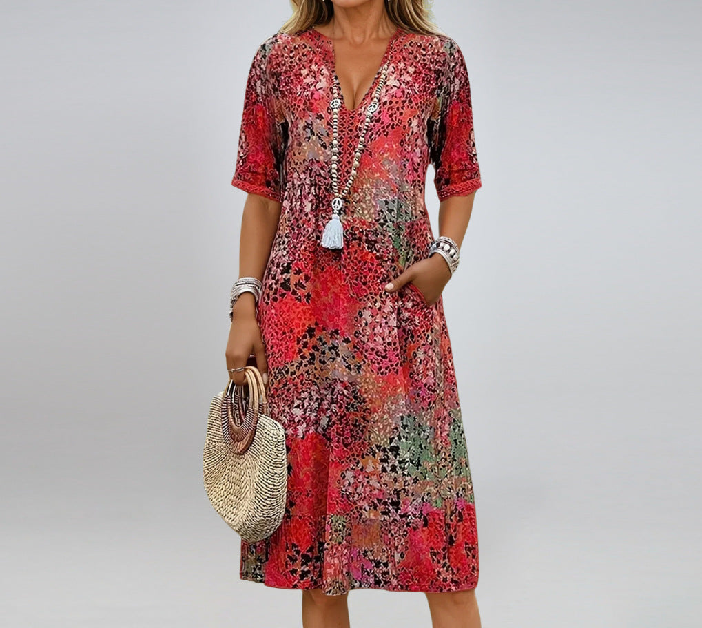 Summer V-neck Half-sleeved Dress With Pockets Fashion Ethnic Print Dresses Beach Holiday Clothing For Women by null
