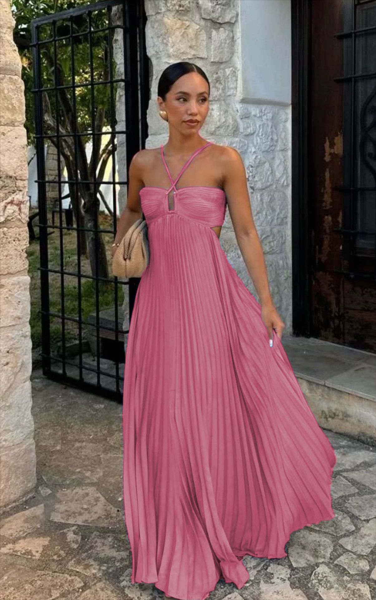 Ins Pleated Sleeveless Sling Dress Hollow High Waist Halter Robe Dresses For Evening Party Club Clothing Women by null