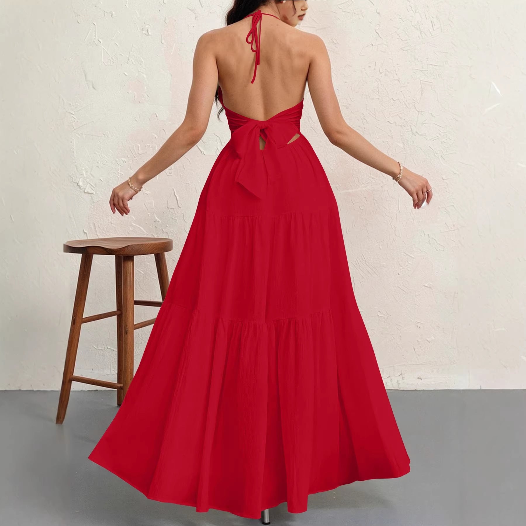Backless Halterneck V-Neck Pleated A- Line Dress Women's Clothing One-Piece Dress Ankle-length Skirt For Beach Vacation Outfits by null