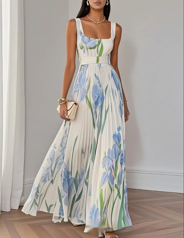 Floral Print Pleated Dress Summer A-Line Sleeveless Midi Dresses Women's Clothing by null