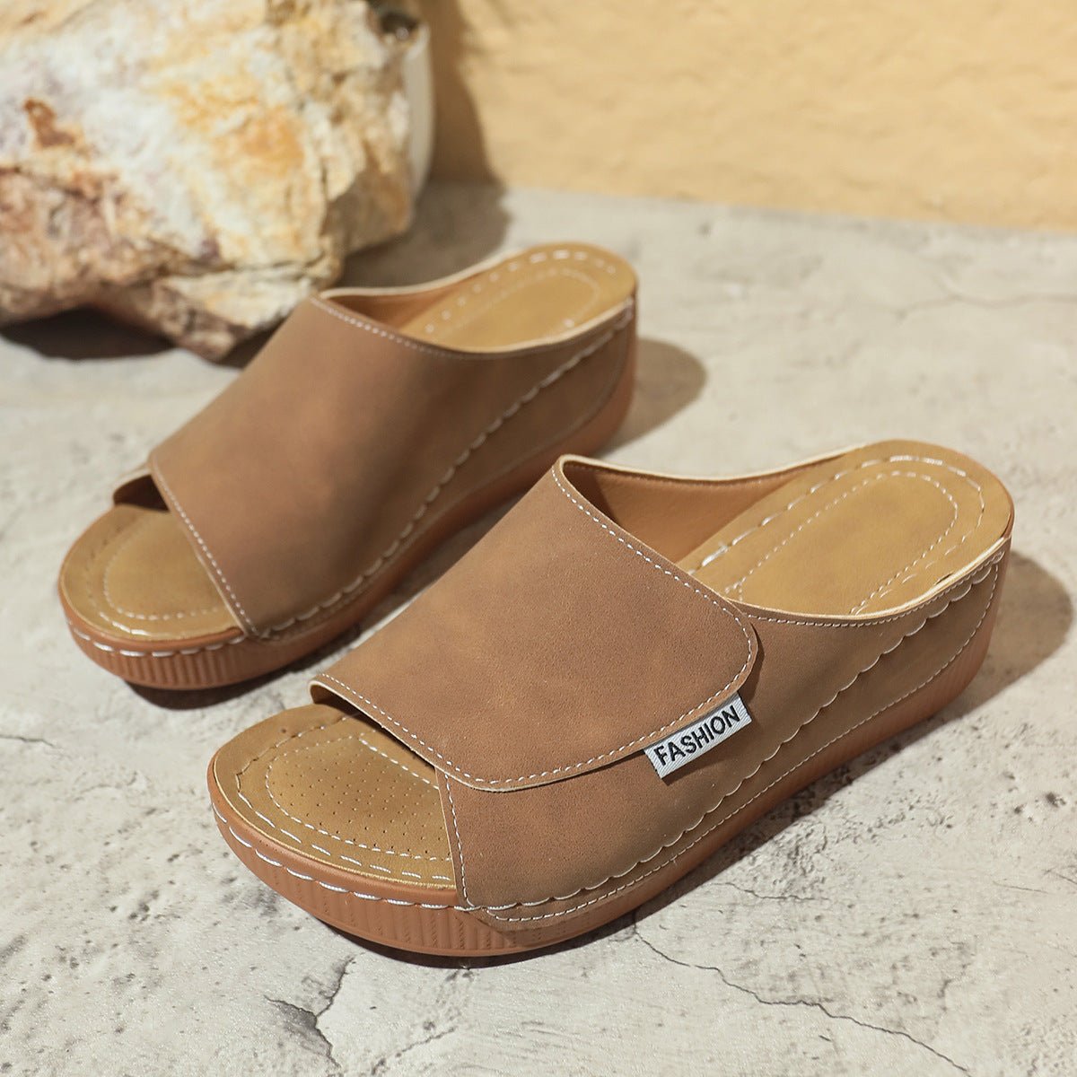 Fish-Mouth Wedge Slide Sandals Solid Color - DLC MARKET